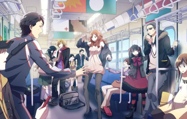 Картинка метро, девушки, аниме, наушники, арт, очки, вагон, кепка, парни, chibiibiru