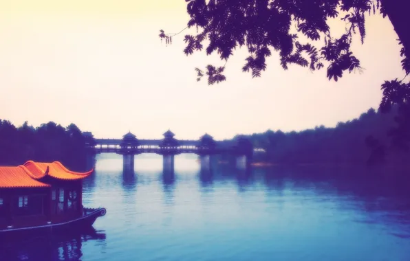 Картинка мост, река, азия, вечер
