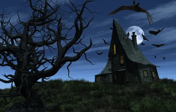 Картинка Halloween, Хэллоуин, страшно, летучие мыши, bats, full moon, полная луна, Дом с привидениями, Haunted House, …