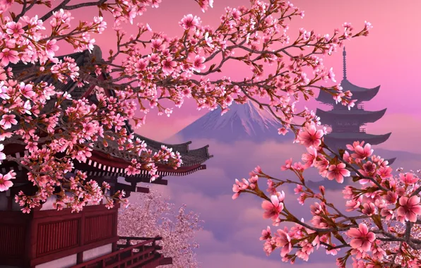 Картинка япония, сакура, розовое, красиво