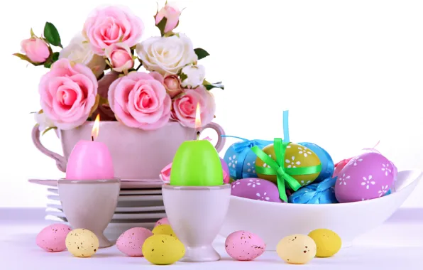 Картинка розы, яйца, пасха, pink, flowers, eggs, easter, roses, candle, сервировка