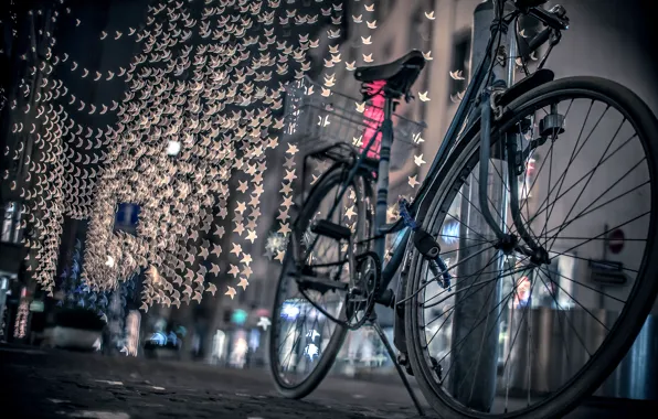 Картинка дорога, ночь, велосипед, город, огни, улица, боке