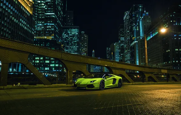 Картинка Roadster, Lamborghini, City, Chicago, Green, Front, Downtown, LP700-4, Aventador, Supercar, Nigth