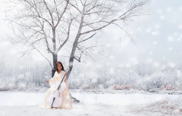 Картинка зима, девушка, музыка, инструмент