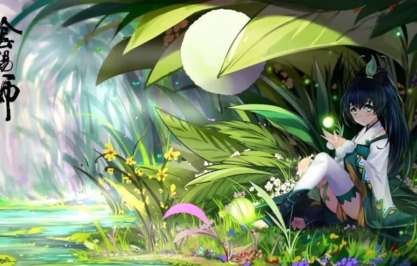 Картинка трава, девушка, цветы, светлячки, аниме, арт, bba biao