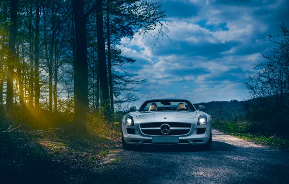 Картинка Roadster, Mercedes-Benz, Car, Front, AMG, Sun, SLS, Forest