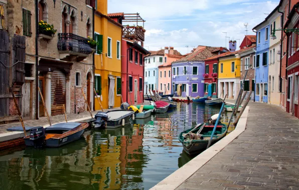 Картинка небо, дома, лодки, Италия, Венеция, канал, остров Бурано