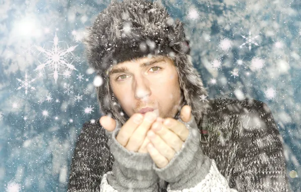 Картинка взгляд, снег, шапка, парень, свитер