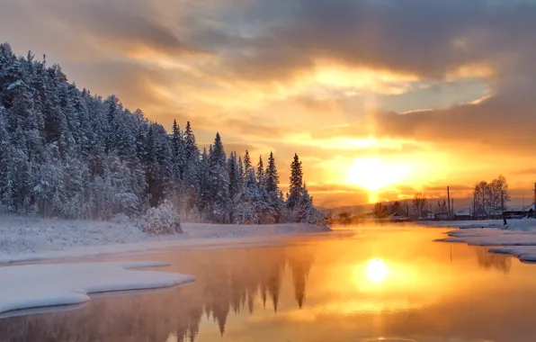 Картинка зима, лес, озеро, восход, рассвет, forest, Winter, lake, sunrise