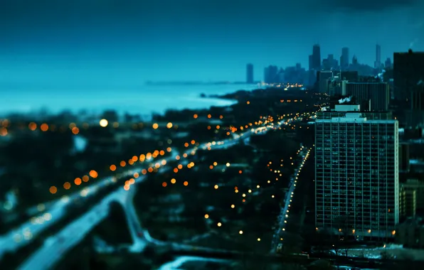 Картинка зима, закат, огни, здания, небоскребы, Чикаго, красиво, америка, сша
