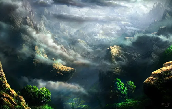 Картинка зелень, облака, деревья, горы, скалы, высота, арт, Fel-X