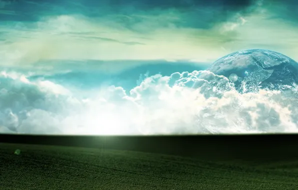 Картинка небо, трава, облака, свет, планета