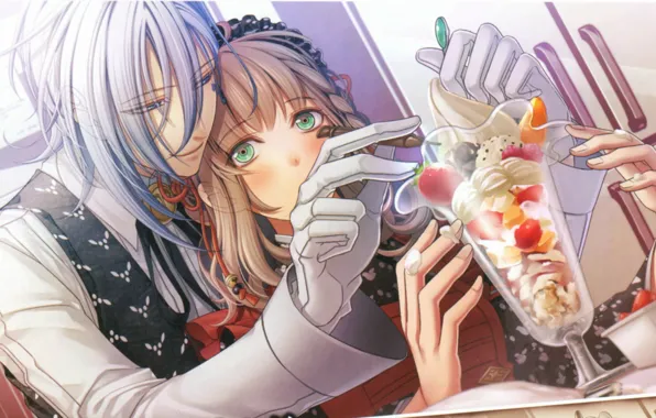 Картинка руки, мороженое, перчатки, двое, крем, десерт, флирт, Amnesia, Амнезия, Heroine, Ikki, by Hanamura Mai