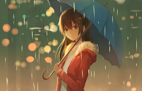 Картинка девушка, улыбка, дождь, зонт, аниме, арт, lan jue
