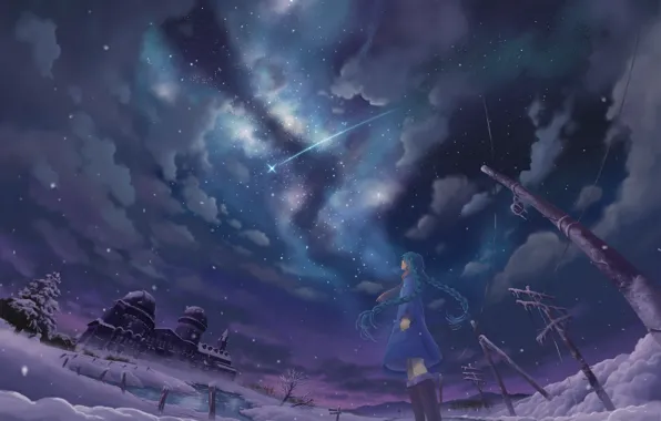 Картинка зима, небо, девушка, звезды, облака, ночь, столбы, провода, аниме, слезы, арт, vocaloid, hatsune miku, inoki