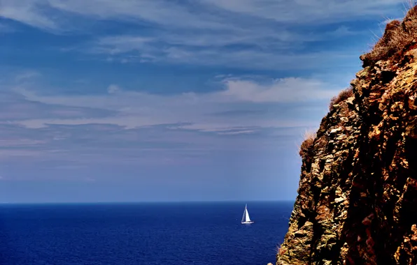 Картинка sea, seascape, boat, sunny, cliff, sailing