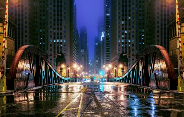 Картинка дорога, вода, отражения, ночь, мост, город, огни, улица, здания, небоскребы, вечер, Чикаго, лужи, USA, Иллинойс, …