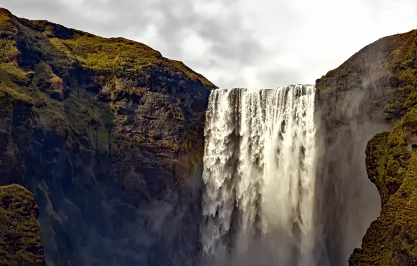 Картинка скала, водопад, поток, Исландия, Skogafoss
