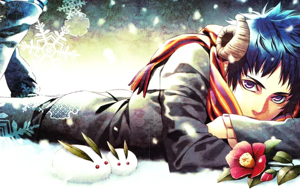Картинка зима, цветок, снег, снежинки, аниме, шарф, арт, рога, парень, зайчики, kazuki yone