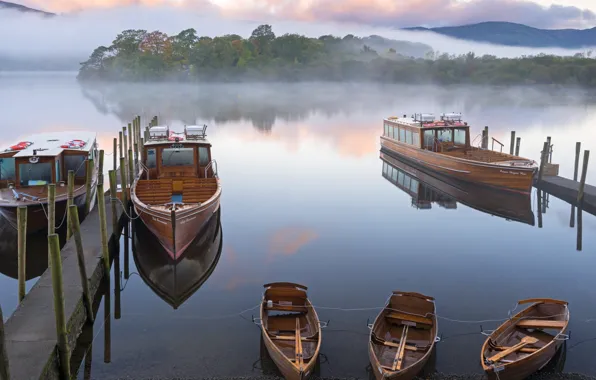 Картинка туман, лодка, Англия, причал, Камбрия, Lake District National Park