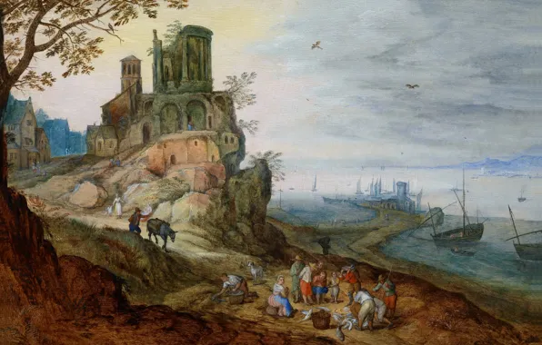 Картинка замок, картина, Ян Брейгель младший, Портовый Пейзаж с Руинами