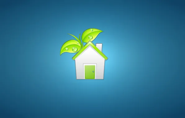 Картинка белый, листья, зеленый, дом, растение, минимализм, дверь, домик, house, синий фон