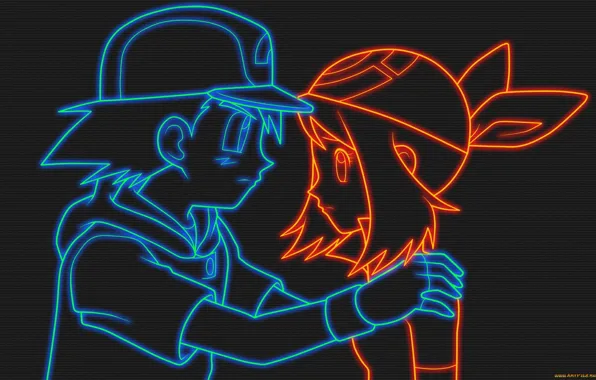 Картинка линии, оранжевый, синий, Girl, девочка, покемон, pokemon, Ash