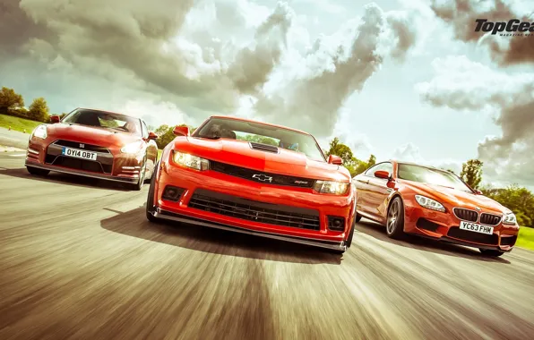 Картинка Top Gear, Red, Cars, Front, BMW M6, Nissan GT-R, Track, Chevrolet Camaro Z28