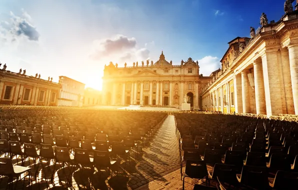 Картинка солнце, закат, город, люди, стулья, площадь, Рим, Италия, собор, Italy, Rome, Ватикан, Basilica di San …
