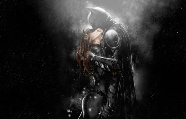 Картинка batman, rain, dark knight rises, kissing, catwomen, art. 3D