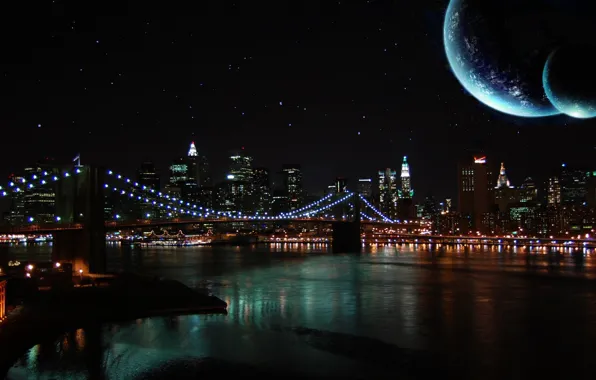 Картинка небо, ночь, мост, река, луна
