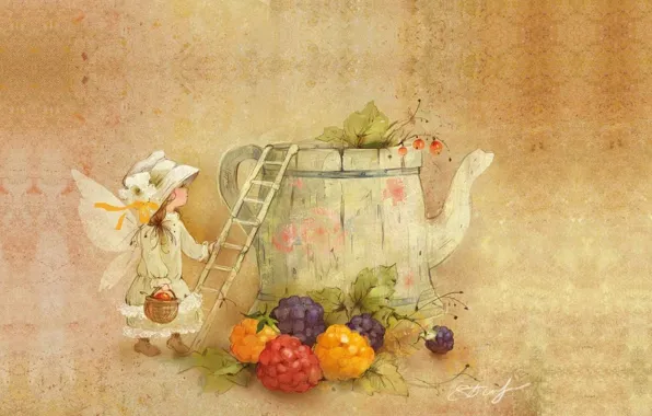 Картинка осень, настроение, чайник, урожай, девочка, детская, Екатерина Бабок