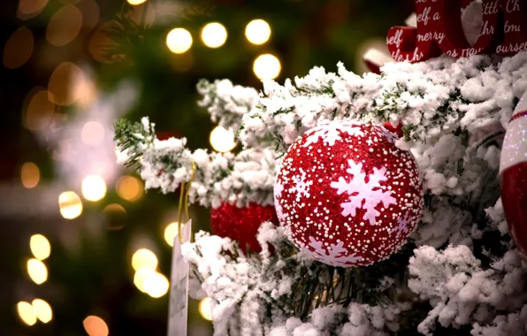 Картинка зима, красный, огни, игрушка, елка, шарик, Новый Год, Рождество, Christmas, снежинка, праздники, боке, New Year, …