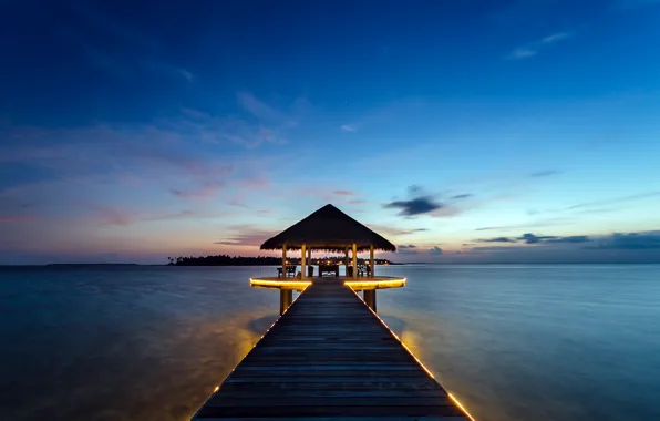 Картинка пейзаж, закат, океан, курорт, бунгало, Maldives, Kihaadhuffaru Island