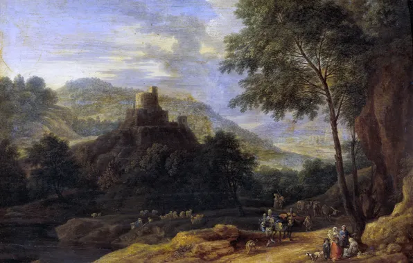 Картинка деревья, река, холмы, башня, картина, Адриан Франс Будевинс, Пейзаж с Пастухами