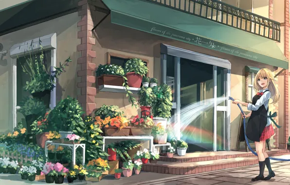 Картинка вода, девушка, цветы, город, арт, магазин, шланг, фартук, поливает, akira
