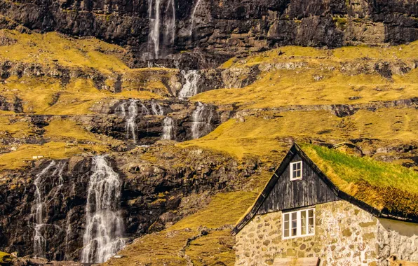 Картинка дом, гора, водопад, Дания, каскад, Faroe Islands, Фарерские острова, Denmark, Saksun, Streymoy Island, Саксун, остров …