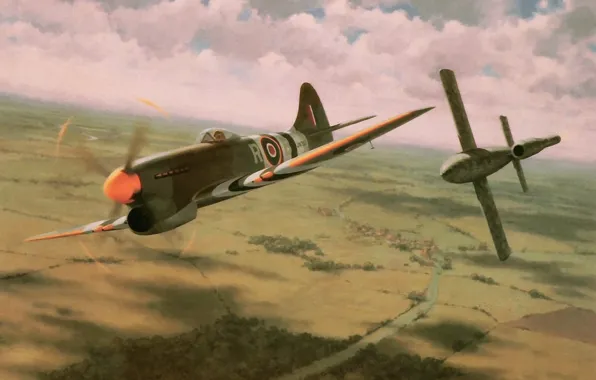 Картинка war, art, painting, drawing, ww2, british aircraft, hawker tempest, v1 bomb