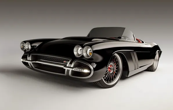 Картинка чёрный, тюнинг, Corvette, Chevrolet, tuning, передок, ренднринг, by Roadster Shop, 1962, шевроле.корвет