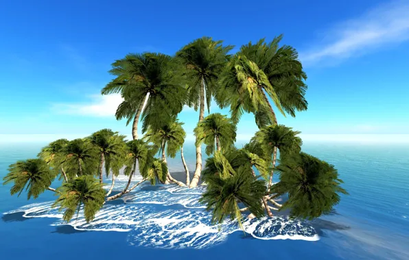 Картинка море, небо, пальмы, рендеринг, остров