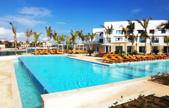 Картинка пальмы, океан, бассейн, отель, Доминика