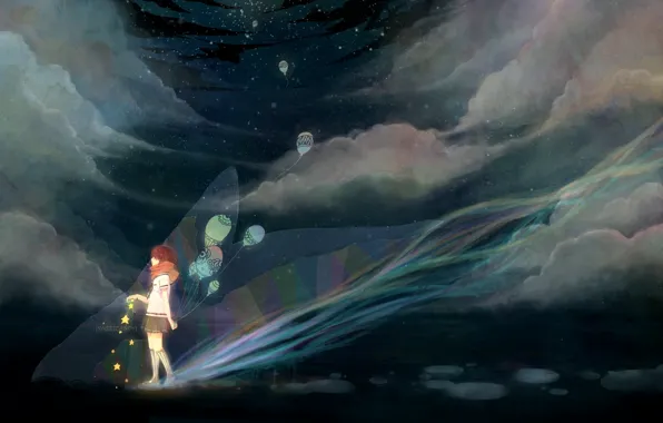 Картинка девушка, звезды, ночь, воздушный шар, аниме, шарф, арт, профиль, небо. облака, amurasaki