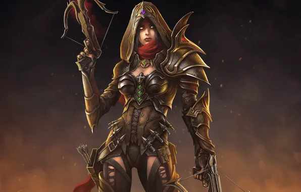 Картинка девушка, арт, капюшон, Diablo III, арбалет, Demon Hunter, Reaper of Souls