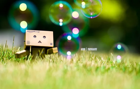 Картинка трава, пузыри, bubbles, grass, robot, danbo, Danboard, box, toy