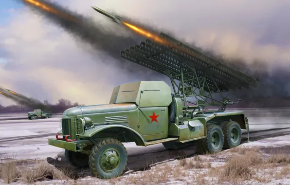 Картинка war, art, painting, ww2, Russian BM-13