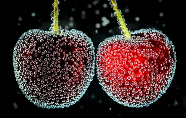 Картинка вода, пузырьки, вишня, ягоды, воздух