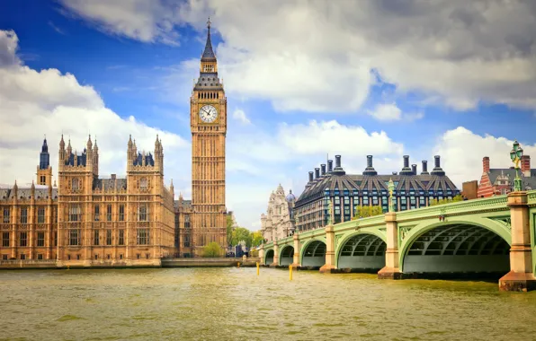 Картинка небо, облака, мост, город, голубое, Англия, Лондон, London, часовая башня, big-ben, Биг-бен