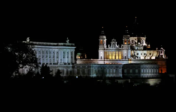 Картинка ночь, огни, собор, Испания, Мадрид, Королевский дворец, Альмудена