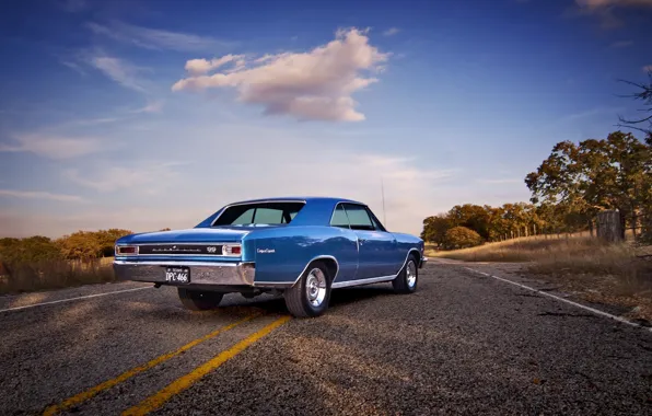 Картинка дорога, небо, облака, забор, поля, Chevrolet, колеса, сзади, 1966, Chevelle, сторона, задние фонари, фермы