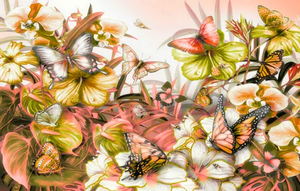 Картинка листья, бабочки, цветы, природа, растения, мотылек